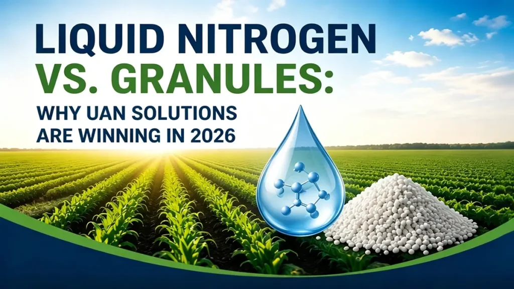 Modern agricultural field comparing liquid UAN nitrogen fertilizer and granular fertilizer for precision farming and sustainable crop production in 2026.