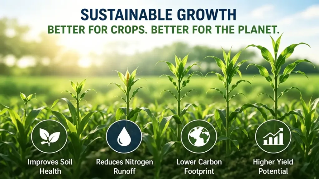 Healthy corn plant growth supported by liquid UAN fertilizer demonstrating sustainable agriculture, improved nitrogen use efficiency, lower environmental impact, and higher crop yield potential.