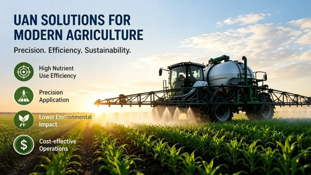 Self-propelled agricultural sprayer applying liquid UAN fertilizer across green corn fields using precision farming technology and efficient nitrogen management systems.
