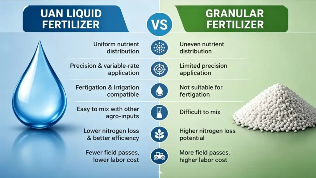 Professional comparison of liquid UAN fertilizer and granular nitrogen fertilizer showing differences in nutrient efficiency, fertigation compatibility, precision application, and sustainability.