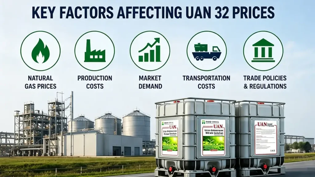 Key factors affecting UAN 32 prices including natural gas costs, fertilizer production, transportation, and nitrogen fertilizer market demand
