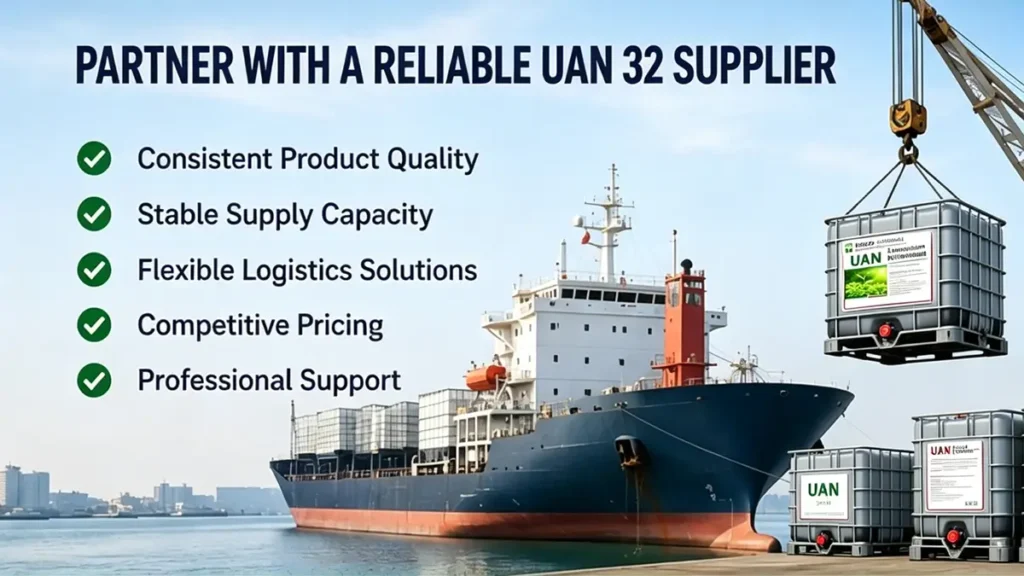 Reliable UAN 32 fertilizer supplier with global shipping, bulk liquid nitrogen fertilizer supply, and stable agricultural fertilizer logistics solutions