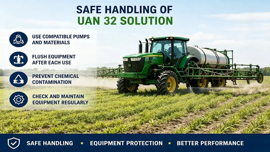 Safe handling and field application of UAN 32 liquid fertilizer using compatible agricultural spraying equipment and storage systems.