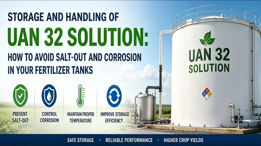 Storage and handling of UAN 32 solution in fertilizer tanks to prevent salt-out crystallization and corrosion in liquid nitrogen fertilizer storage systems.