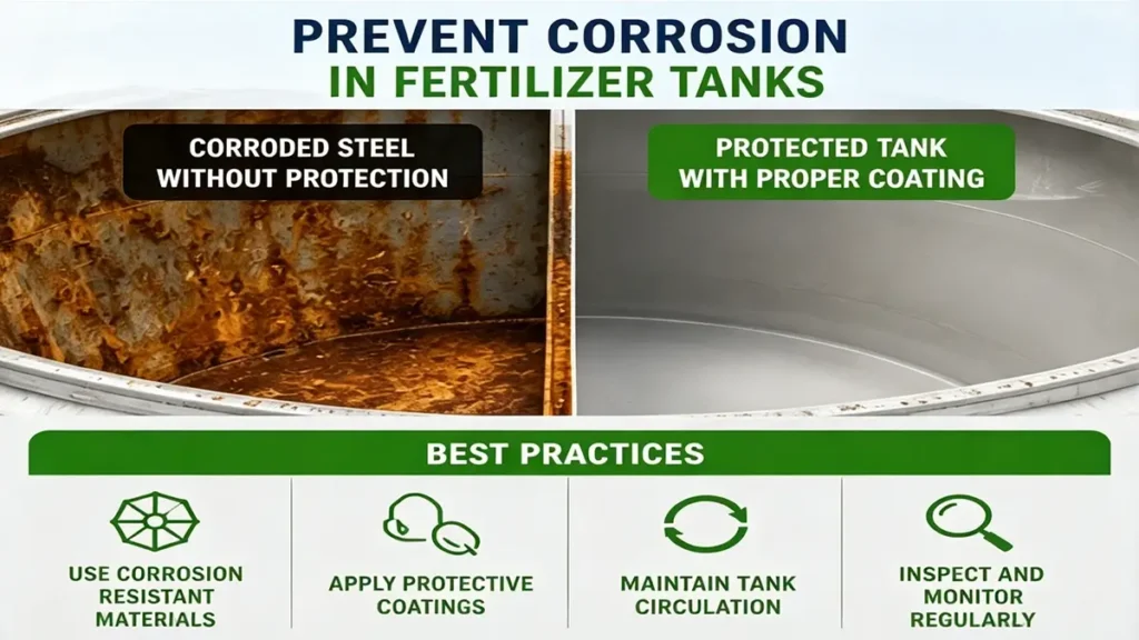 Comparison of corroded and protected UAN 32 fertilizer storage tanks demonstrating corrosion prevention best practices for liquid nitrogen fertilizer systems.