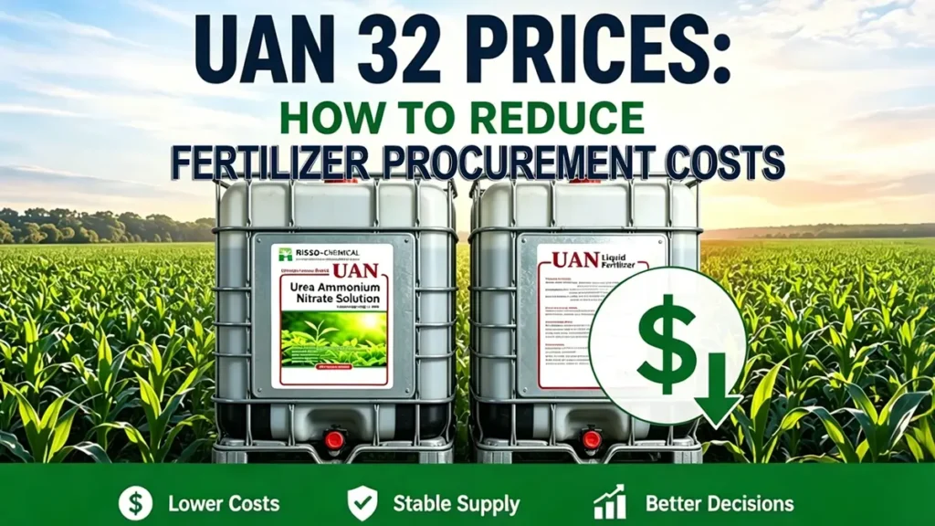 UAN 32 fertilizer prices and procurement cost reduction strategies with liquid nitrogen fertilizer storage tank in agricultural corn field