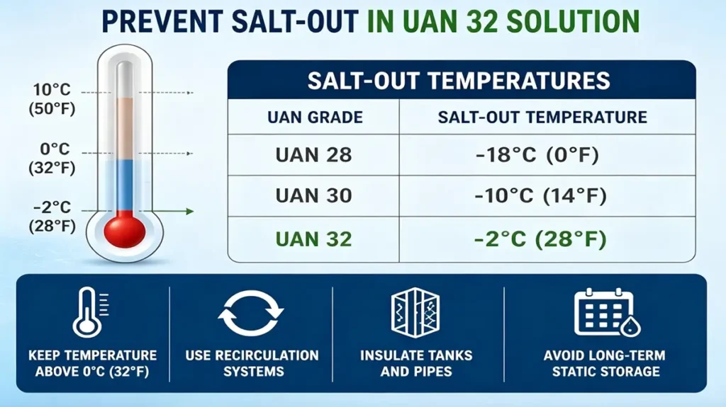 UAN 32 solution salt-out temperature chart showing how to prevent crystallization in liquid fertilizer storage tanks during cold weather.