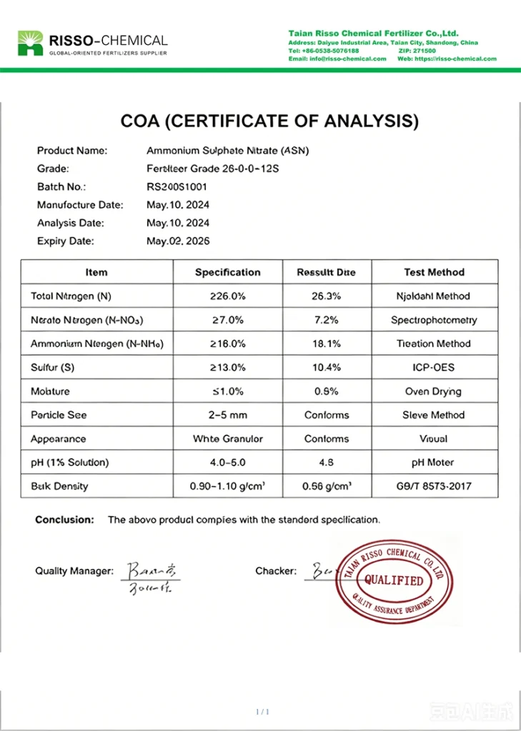 ASN CERTIFICATIE OF ANALYSIS