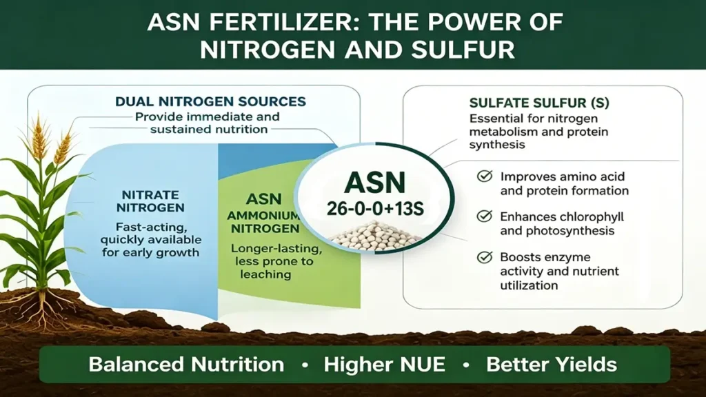 ASN Fertilizer 26-0-0+13S provides ammonium nitrogen, nitrate nitrogen and sulfate sulfur to improve nutrient uptake and nitrogen use efficiency.