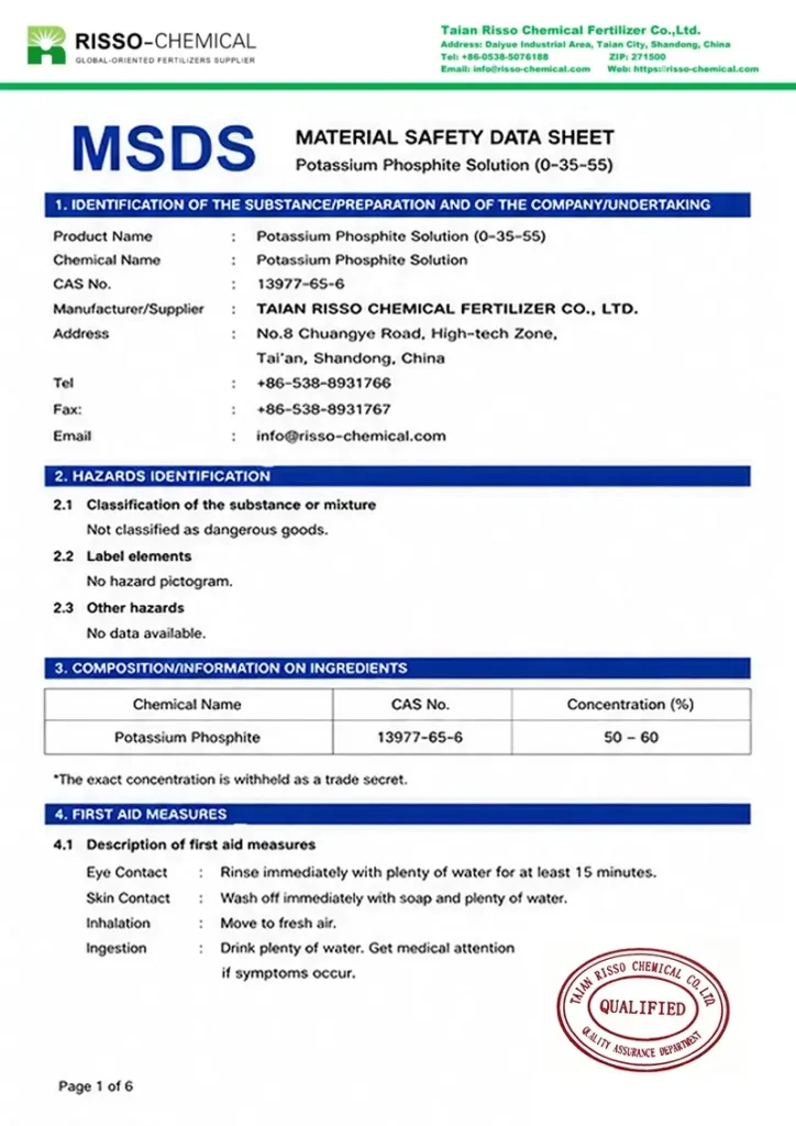 Potasslum Phosphite Solution MSDS