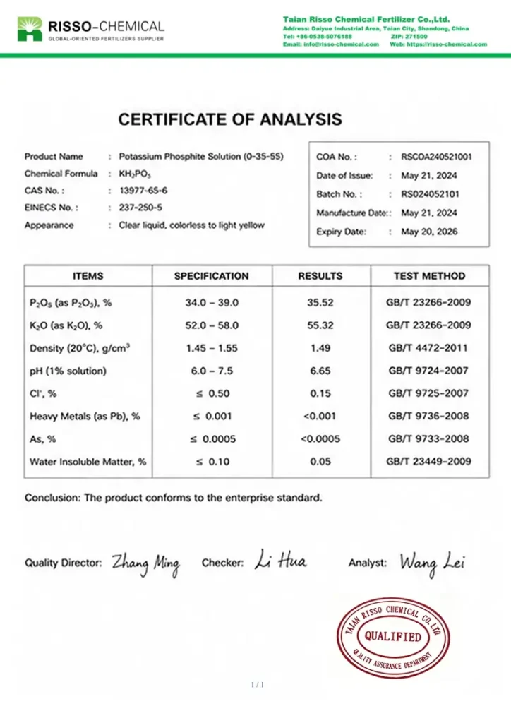Potasslum Phosphite Solution cEFTIFICATE OF ANALYSIS