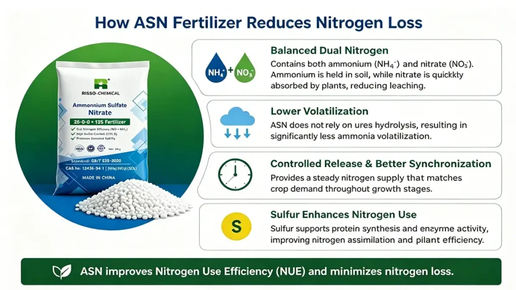 How ASN fertilizer reduces nitrogen loss through balanced ammonium and nitrate nitrogen, improves NUE, and enhances sulfur nutrition in crops.