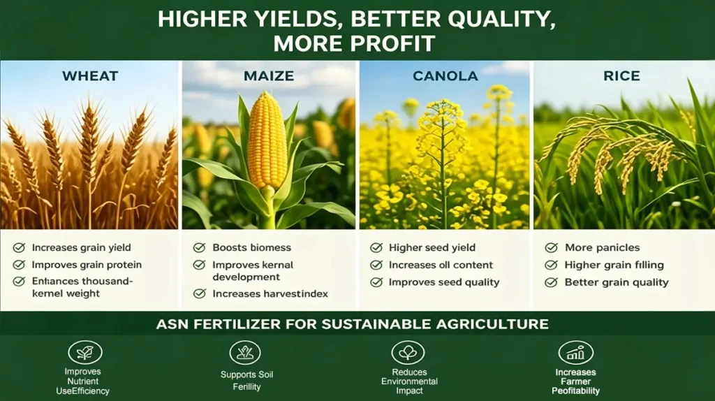 ASN Fertilizer for wheat, corn, canola and rice improves crop yield, grain quality and nitrogen use efficiency in sustainable agriculture.