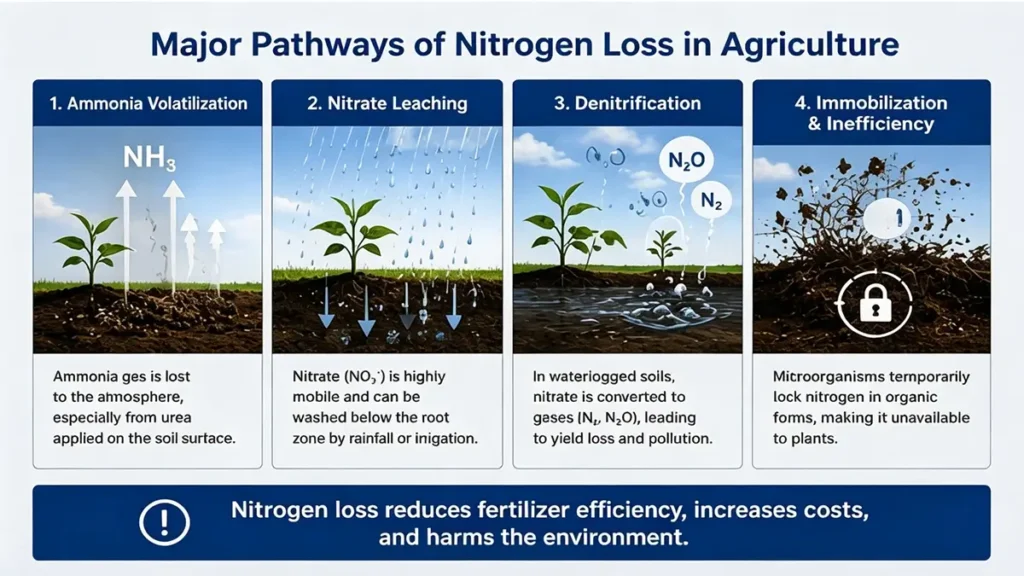 Major nitrogen loss pathways in agriculture including ammonia volatilization, nitrate leaching, and denitrification and how ASN fertilizer helps reduce losses.